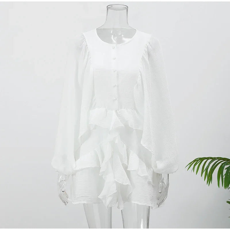 Women Single Breasted Ruffles Dress Fashion Solid Lantern Sleeve Loose Pleated Vestidos Summer Lady Vacation Party Gowns 2025