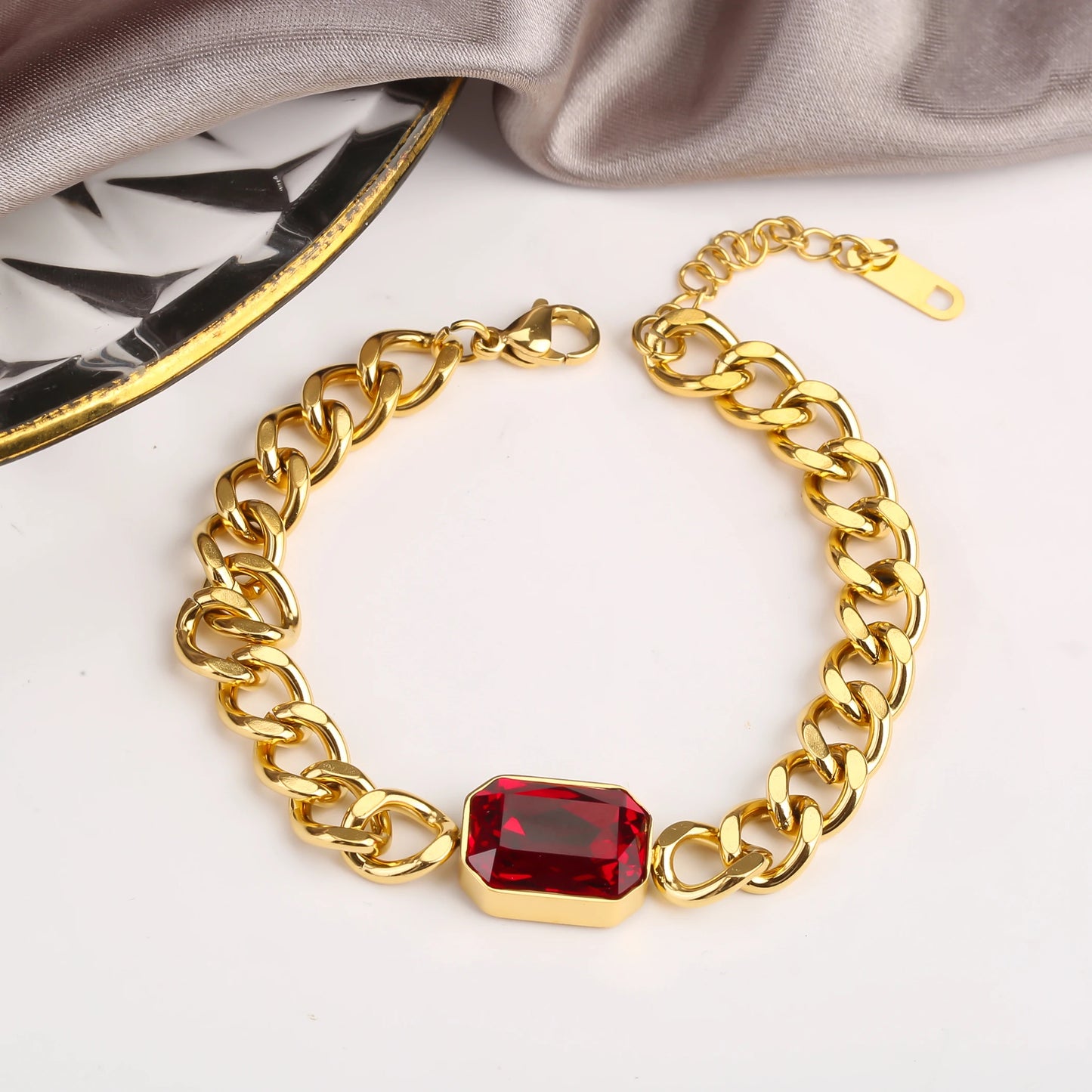 Personalized Rectangle Colorful Crystal Six-Sided Polished Cuban Chain Necklace Bracelet Set For Woman Stainless Steel Jewelry