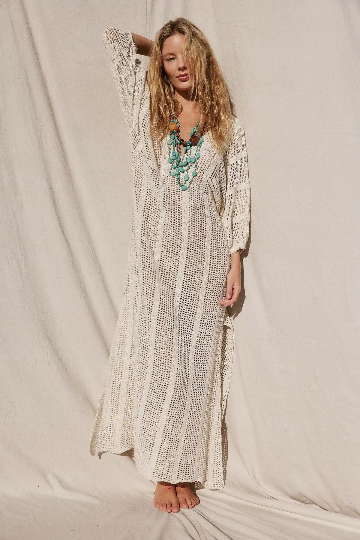 Elegant Knit Long Dress 2025 Sexy See-through V Neck Lantern Sleeve Side Split Beach Maxi Dresses Holiday Swimsuit Cover Up K15