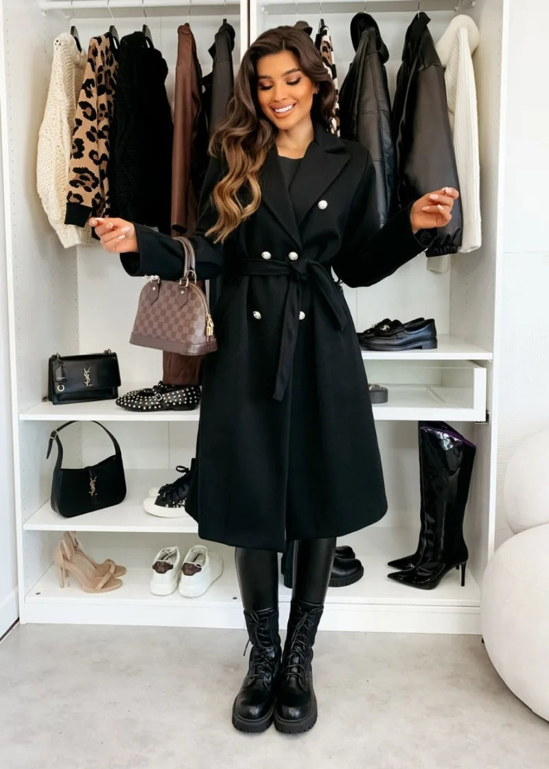 Women's Woolen Coat Autumn Winter Vintage Elegant Double Breasted Trench Coat Women Brown Long Sleeved Midi Windbreaker Jacket