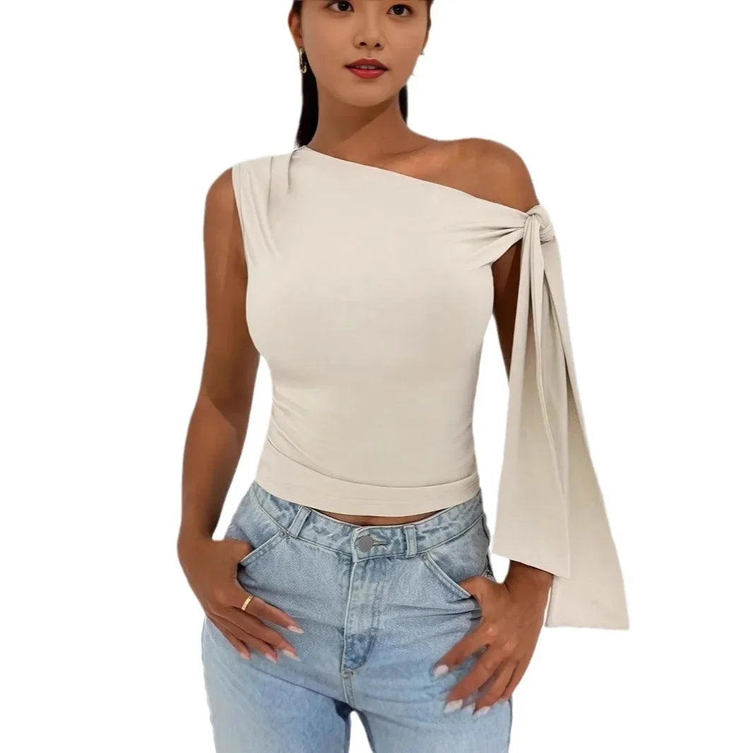 New Women's Fashionable Sleeveless Pure Color Belted Street Style Top Summer 2025 Slim Fit Cross-Border T-Shirt