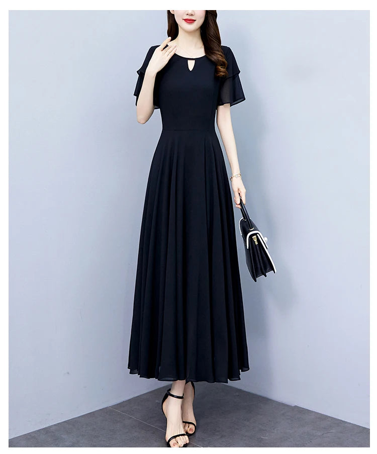 2024 Black Chic Ruffled Short Sleeve Midi Vestidos Women Vintage Hepburn Prom Long Robe Summer Solid Elegant Bodycon Party Dress