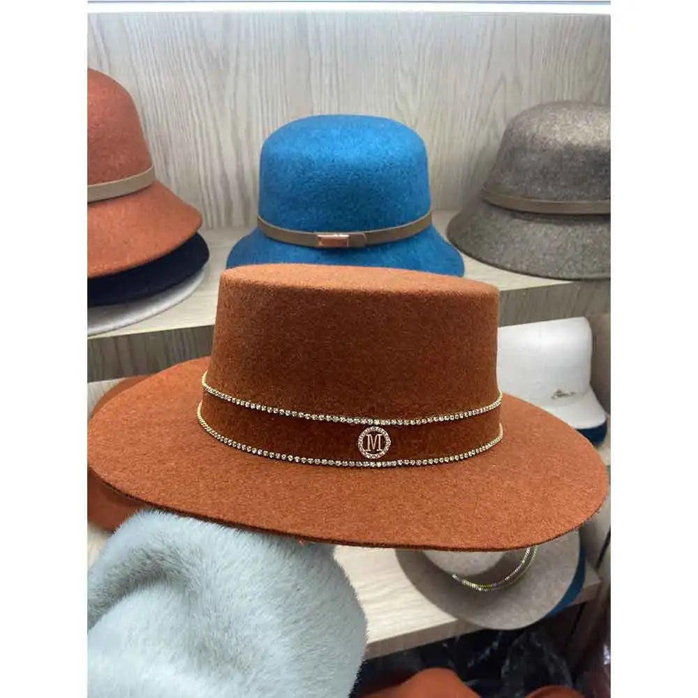 Autumn and Winter 100% Wool Hat Bell Hat Women's French Elegant Retro Hepburn Round Top Big brim Hat
