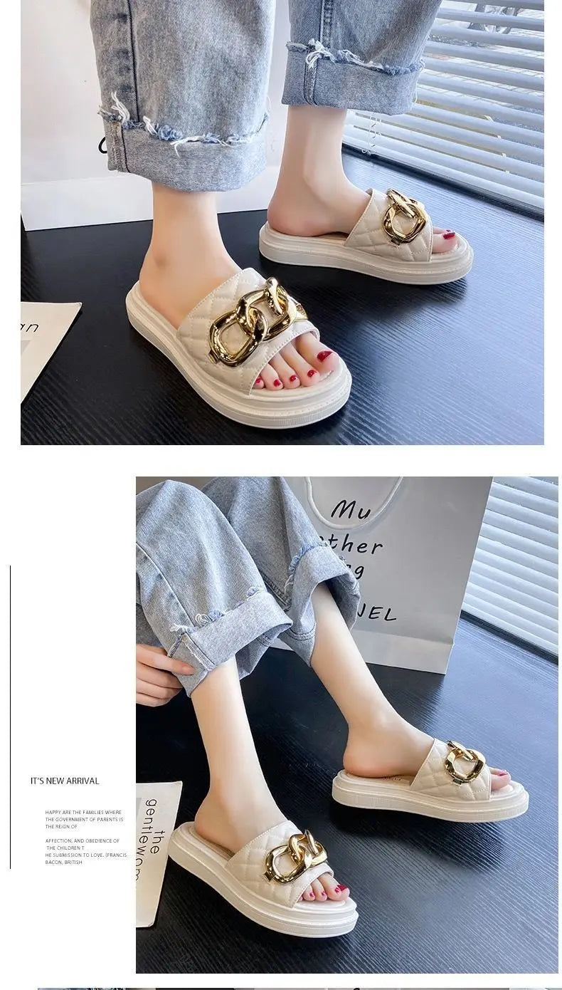 Net Red Fashion Thick Bottom Sandals And Slippers Women's All-match Summer Casual Metal Buckle One-word Slippers