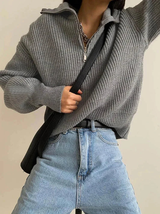 Women's Winter Sweaters Solid Grey Ladies Turtleneck Casual Loose Thick Zippers Pullovers Beautiful Oversized Sweater Women