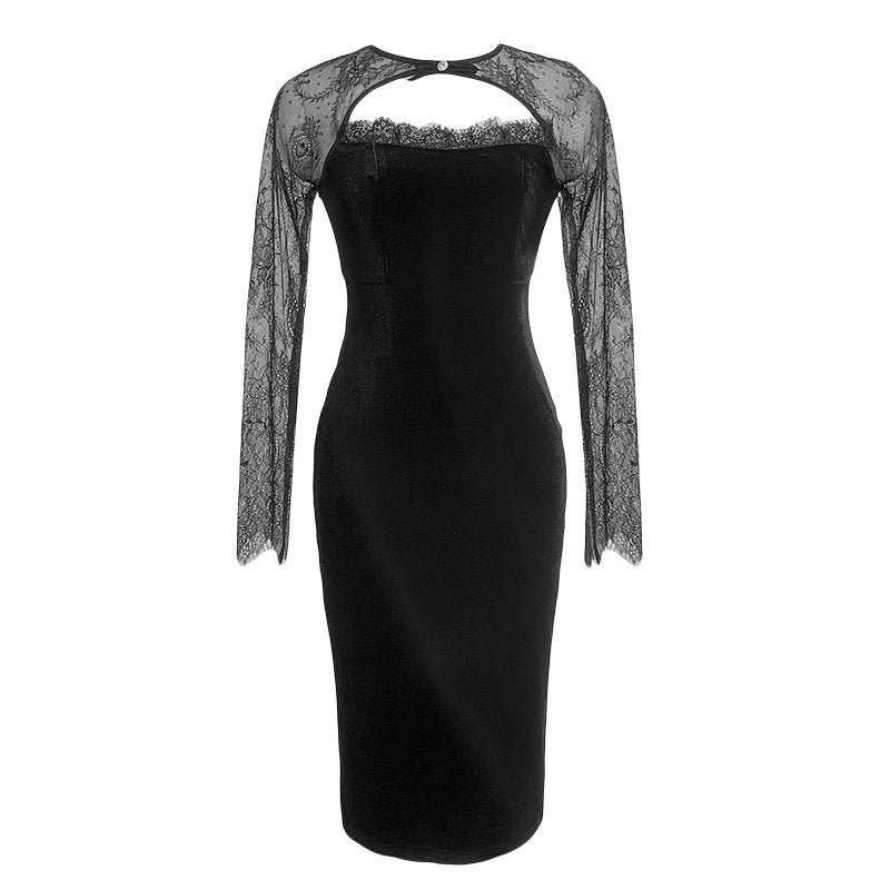 Spring Quality Elegant Sexy Dresses for Women 2023 Black Sheer Lace Hollow Cut Out Backless Midi Robe Femme Party Date Vestidos