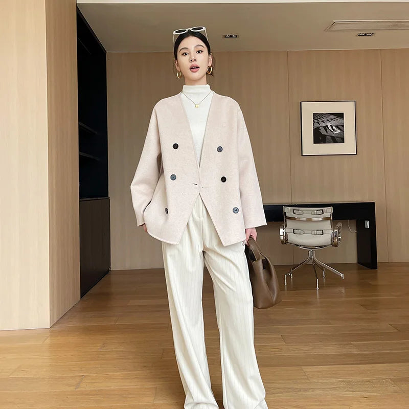 100% women's wool coat, double-sided, warm, high-end, loose, Korean style, short, 2024 autumn and winter new coat