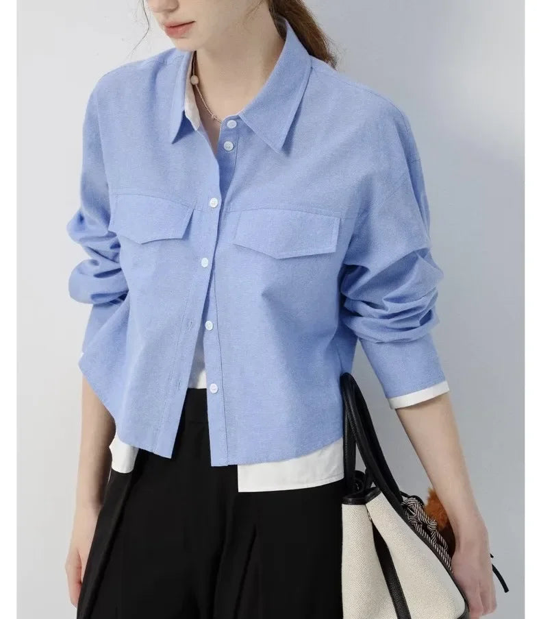 Blue Long Sleeve Women's Shirt Short Style College Style Fake Two-Piece Spring Autumn New Arrival Polo Collar Button up Top