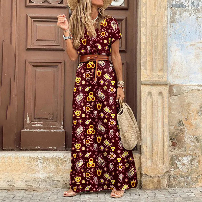 Women's 2023 Floral Summer Dress Wrap V Neck Short Sleeve Belted Ruffle Hem Bohemian Maxi Sun Dresses with Belt A Black