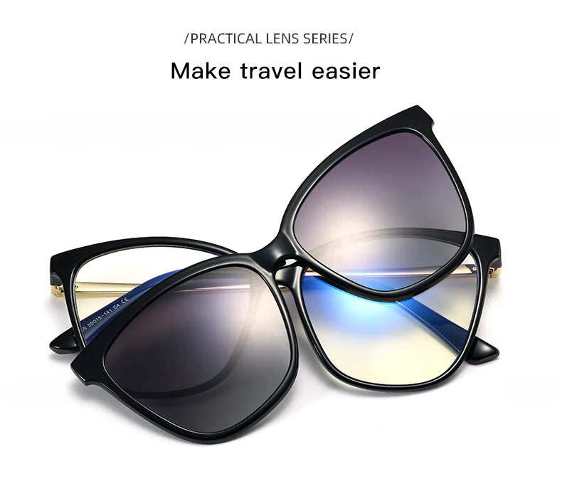 KANDREA Cat eye Large Frame Women Outdoor Magnetic Dual-Purpose Polarized Clip-on Sunglasses Anti-Blue Light Frame Glasses 95655