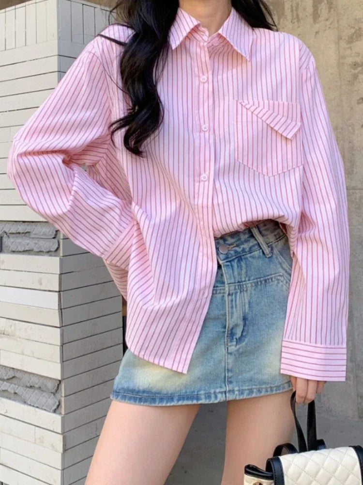 korean fashion Shirts for Women Loose Versatile Long Sleeves Blouse Pocket Casual Spring New Blue Striped Women's Shirt