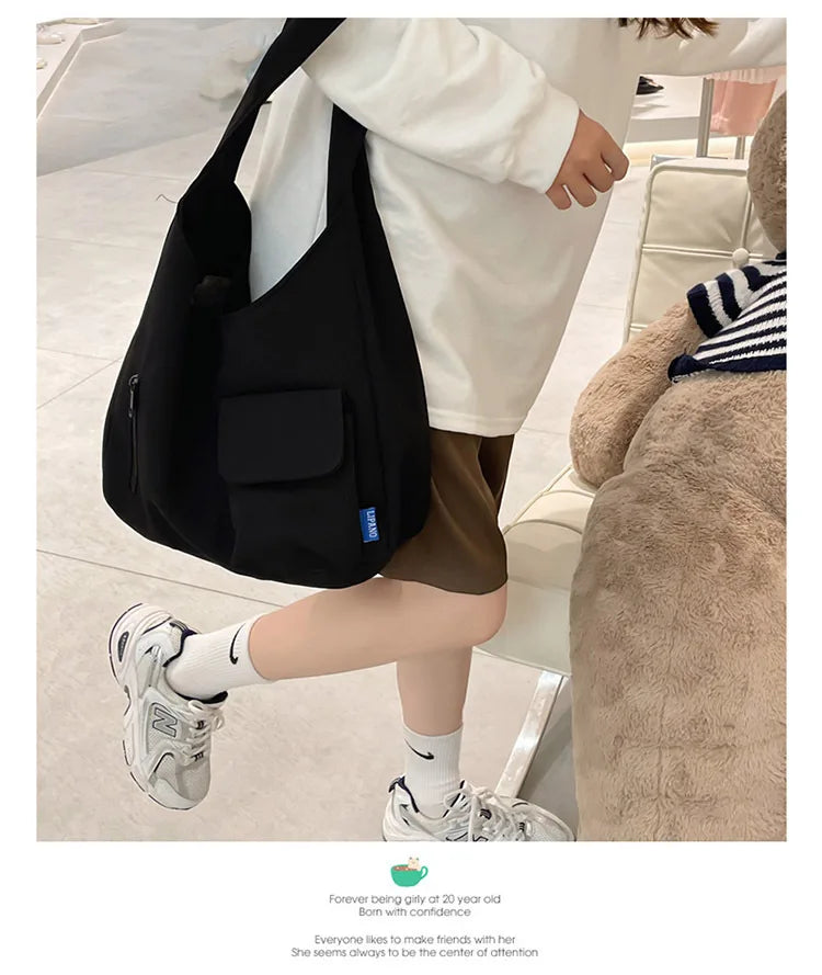 Japanese Casual Shoulder Bag Women Pure Color Large Capacity Handbags and Purses Student Book Bag Tote Bag Nylon Bag Bolso Mujer