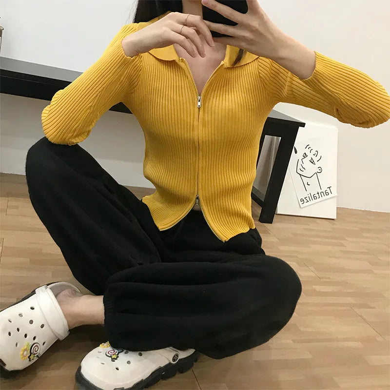 Elegant Korean Knitted Sweater Sexy Lapel Zipper Up Cardigan Women Vintage Harajuku Slim Coat Casual Ribbed Knit Cropped Tops