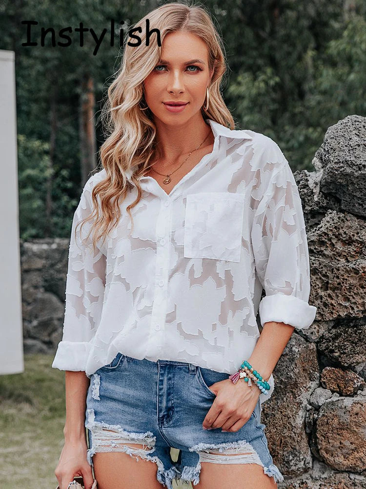 Elegant Long Sleeve Lapel Lace Blouse Office Lady Spring Summer Hollow Out Jacquard Loose Shirt Oversized Tops Luxury Chic Tunic