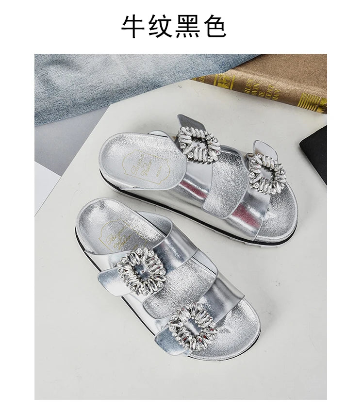 New Trend Women's Slippers Outside 2022 Women's Rhinestone Side Buckle Open Toe Bicyclic Flat-Bottomed Sandals Slippers Girls