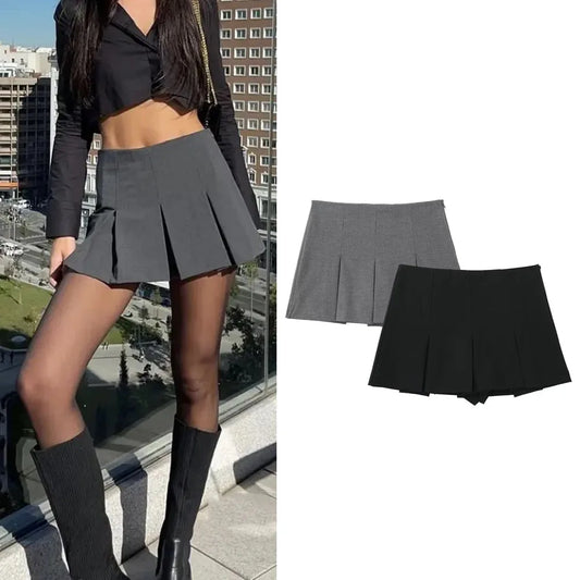MUJER Women's Shorts Skirts High Waist Pleated Skirt Shorts Women Striped Bermuda Shorts Woman Fashion Casual Mini Shorts Women
