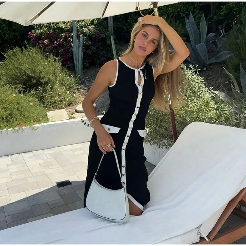 Women Sexy Black Knit Short Pants Suit Elegant Sleeveless Double Pockets Single Breasted Buckle Top 2-piece Set 2025 New Outfits