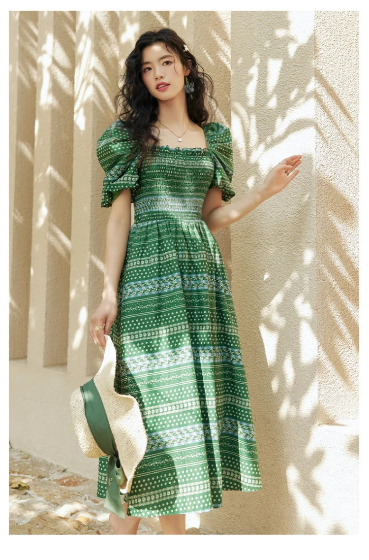 ARTKA 2023 Summer New Women Dress Vintage Print Green Square Collar Dresses Short Puff Sleeve A-line Long Dress Female LA92038X
