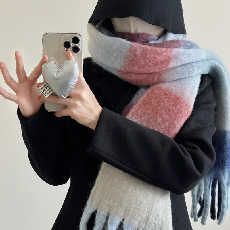 Winter Multicolor Stripe Scarf Cashmere Thick Shawl Women Long Winter Warm Pashmina Wraps with Tassel Scarf For Women