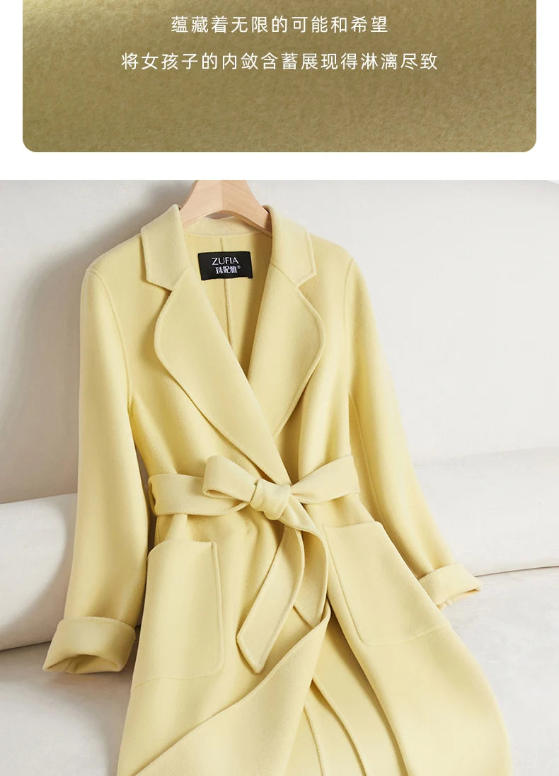 White Belt Double-sided Cashmere Coat Women's 2024 New Fashion Temperament Winter Slim Wool Coat Solid Female Long Windbreaker