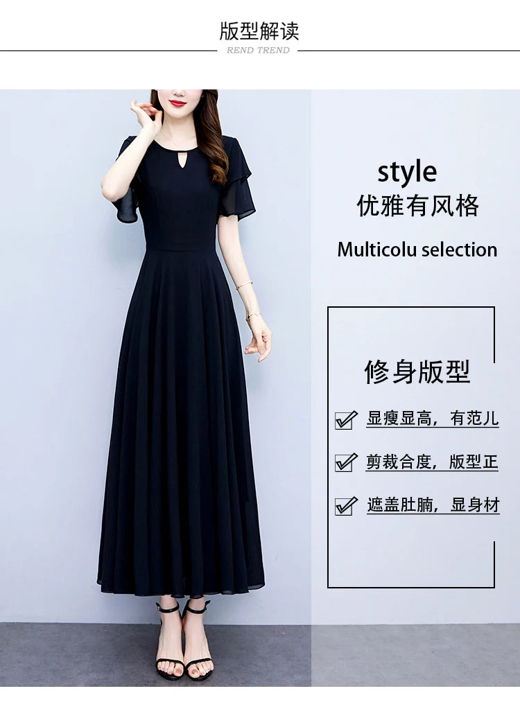 2024 Black Chic Ruffled Short Sleeve Midi Vestidos Women Vintage Hepburn Prom Long Robe Summer Solid Elegant Bodycon Party Dress