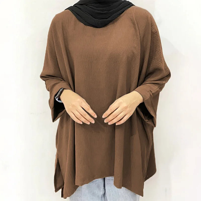 Southeast Asia Islam Abaya Kaftan New Long-sleeved Loose Casual Islam Abaya Kaftan Irregular Hem Ice Silk Women Shirt