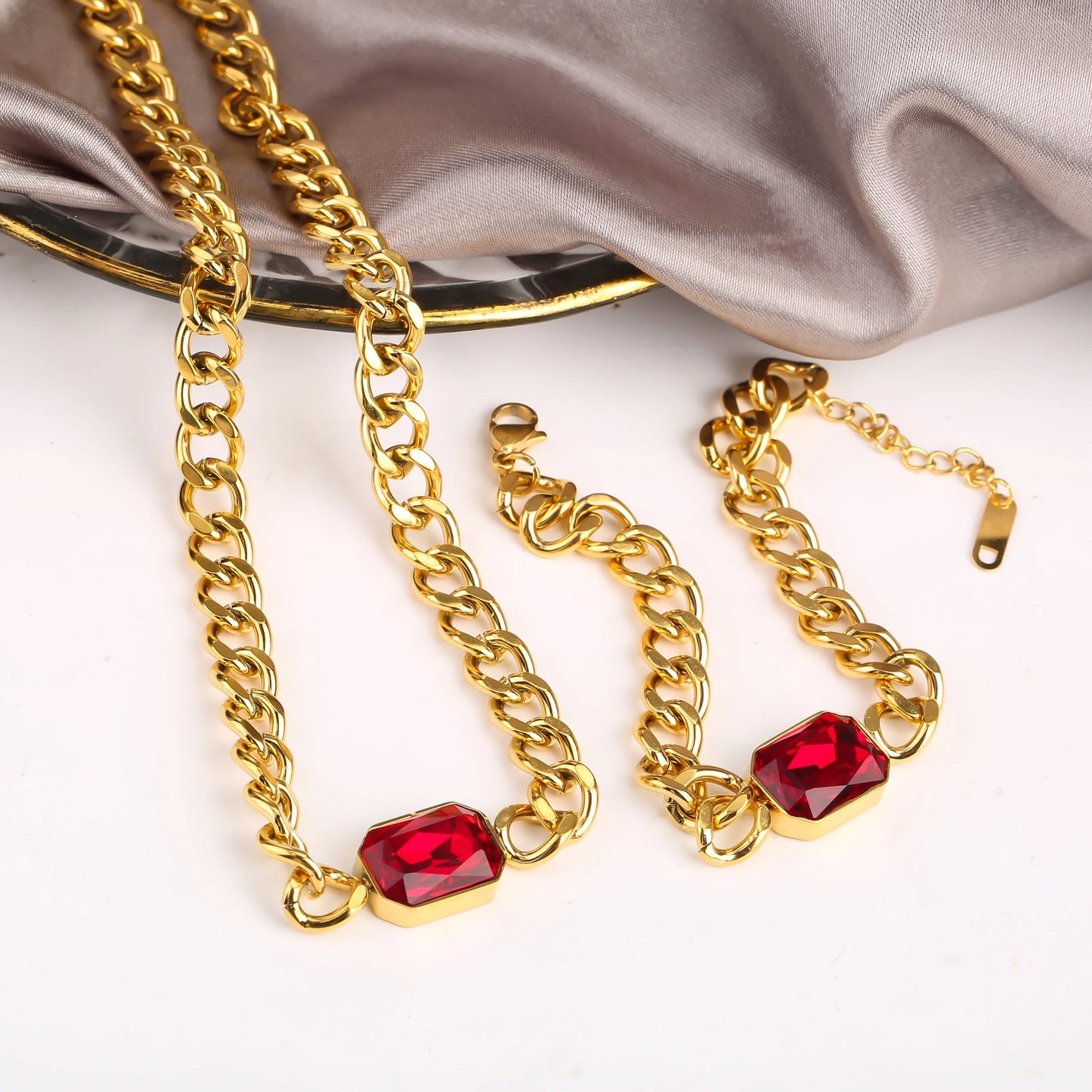 Personalized Rectangle Colorful Crystal Six-Sided Polished Cuban Chain Necklace Bracelet Set For Woman Stainless Steel Jewelry