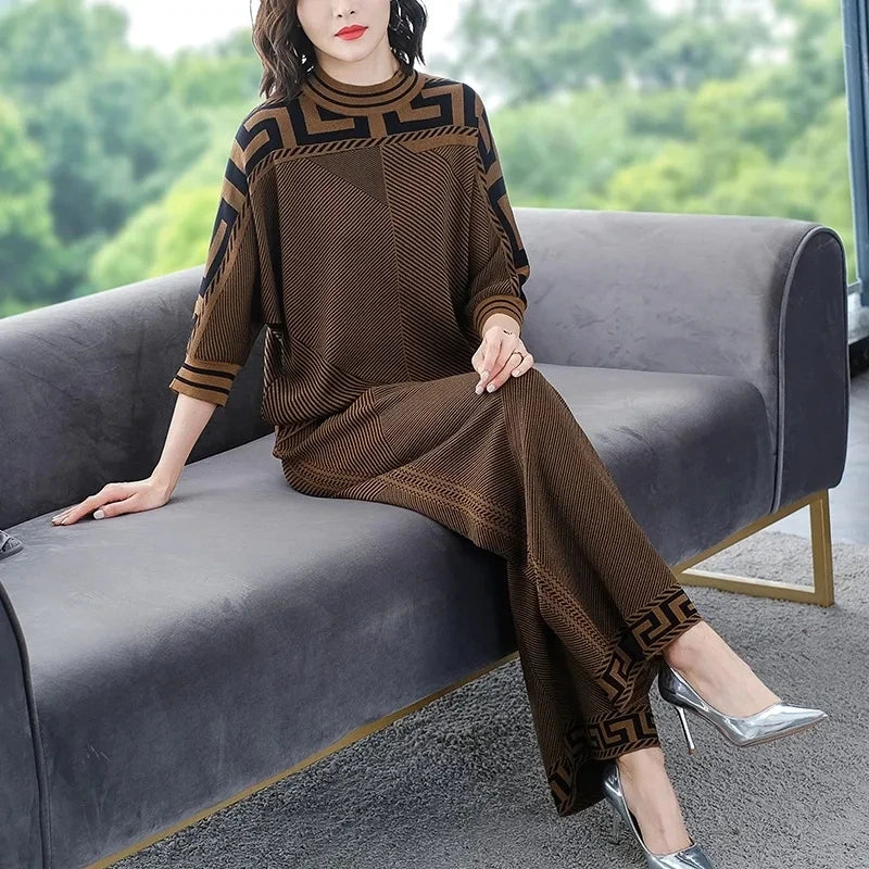 Two piece Women's Knitwear Casual Sets 2025 Spring Autumn New Loose Fashion Temperament Pullover Tops+Wide leg Pants Female