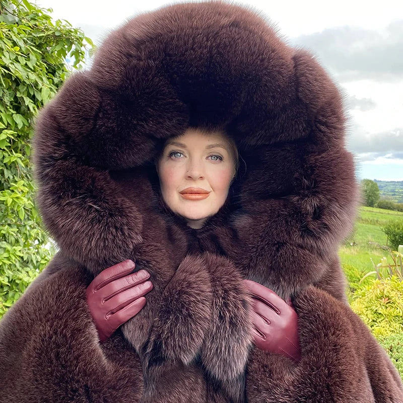 Genuine Full Pelt Fox Fur Jacket Women Winter Vintage Wine Red Hooded Straight Outertwear Luxury Real Fox Fur Coats Female