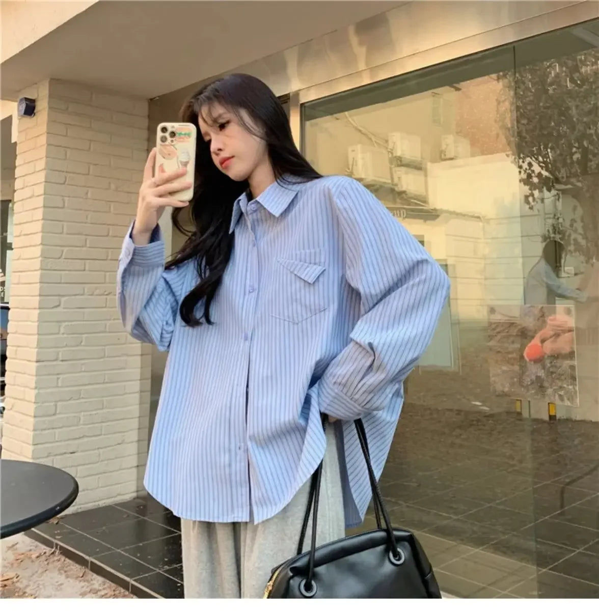 korean fashion Shirts for Women Loose Versatile Long Sleeves Blouse Pocket Casual Spring New Blue Striped Women's Shirt