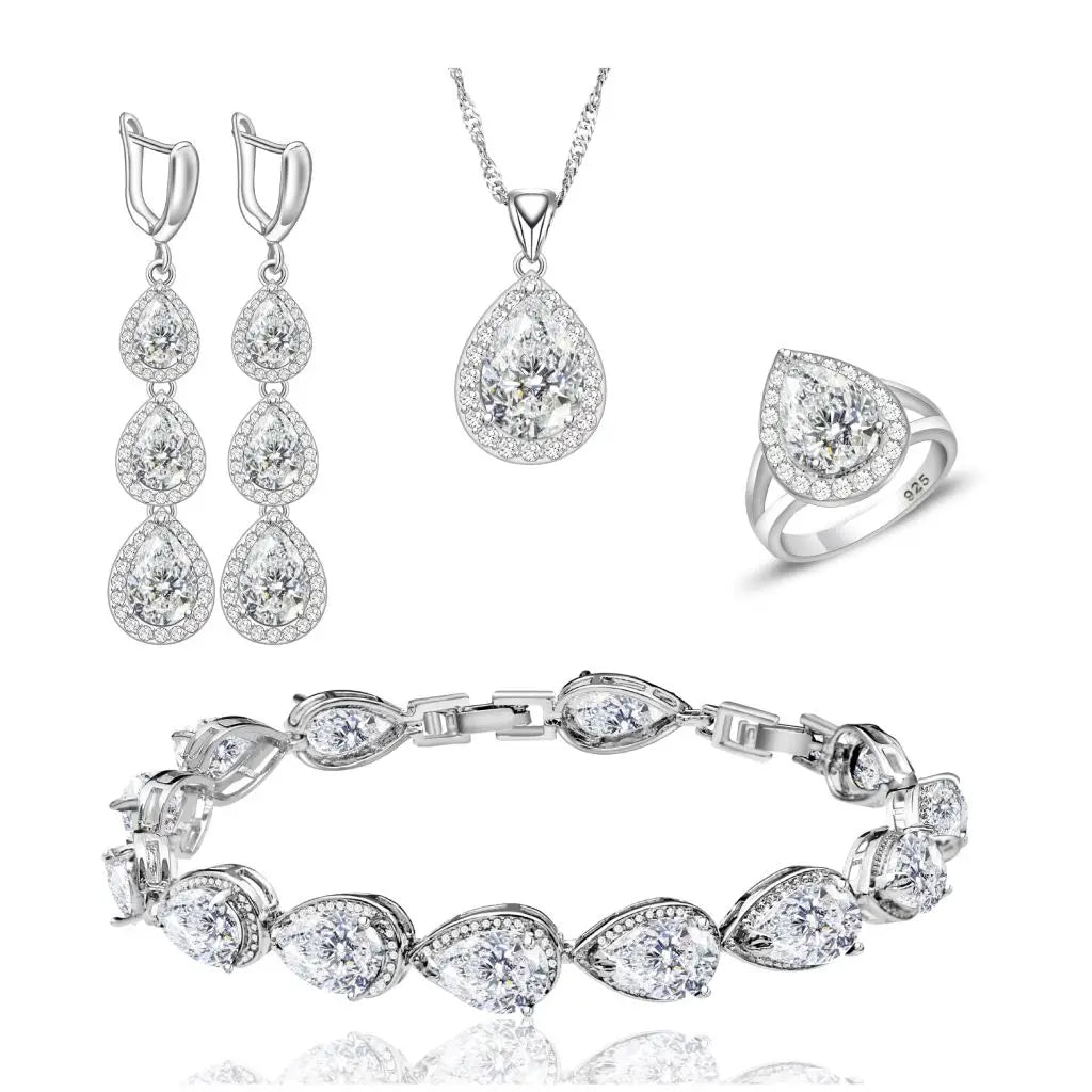 Wedding Bride Silver 925 Jewelry Sets Women White Topaz Long Earrings Bracelet Necklace Rings Luxury Fashion Set Dropshipping