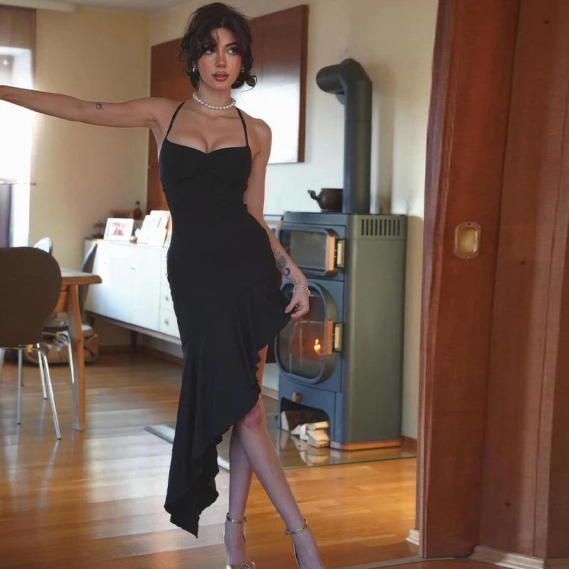 Hugcitar Square Collar Slips Backless Draped Lace Up Pleated Irregular Sexy Midi Dress 2024 Spring New Outfits Festival Party