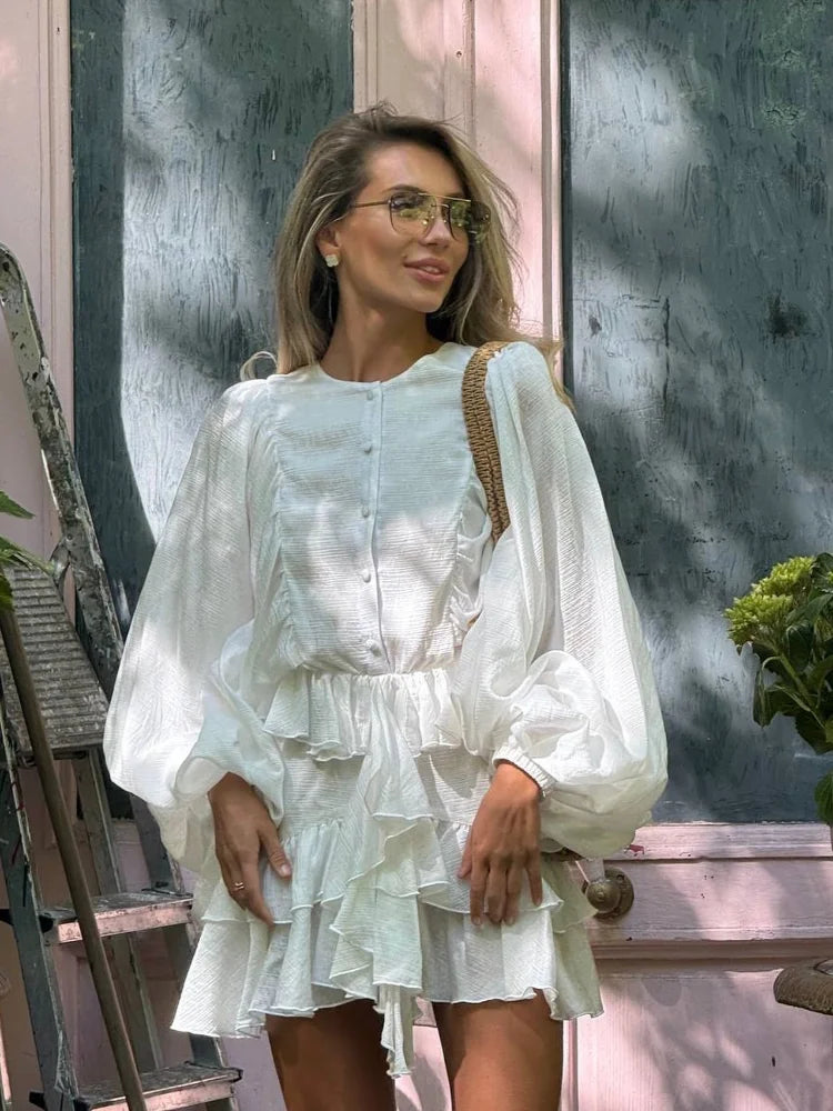 Women Single Breasted Ruffles Dress Fashion Solid Lantern Sleeve Loose Pleated Vestidos Summer Lady Vacation Party Gowns 2025