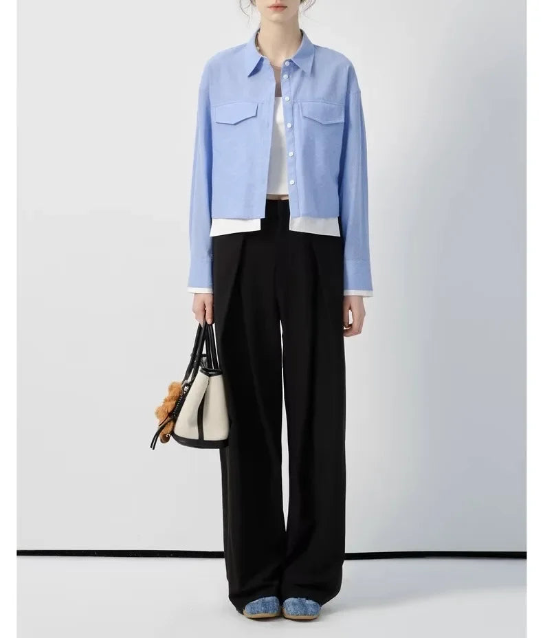 Blue Long Sleeve Women's Shirt Short Style College Style Fake Two-Piece Spring Autumn New Arrival Polo Collar Button up Top