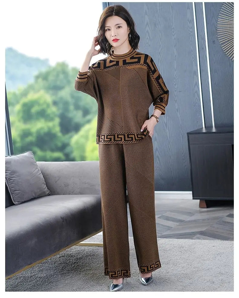 Two piece Women's Knitwear Casual Sets 2025 Spring Autumn New Loose Fashion Temperament Pullover Tops+Wide leg Pants Female