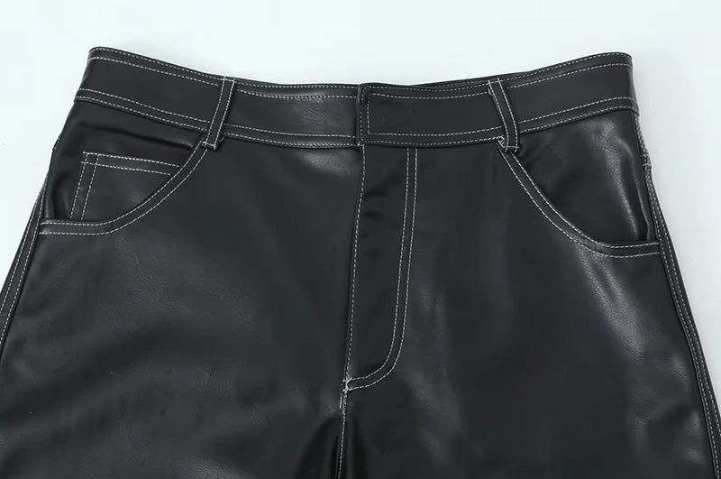 2023 Women's Autumn Black Faux Leather Wide Leg Fleece Pants Vintage Winter High Waist Office Lady PU Female Trousers Mujer