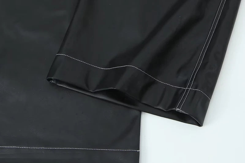 2023 Women's Autumn Black Faux Leather Wide Leg Fleece Pants Vintage Winter High Waist Office Lady PU Female Trousers Mujer