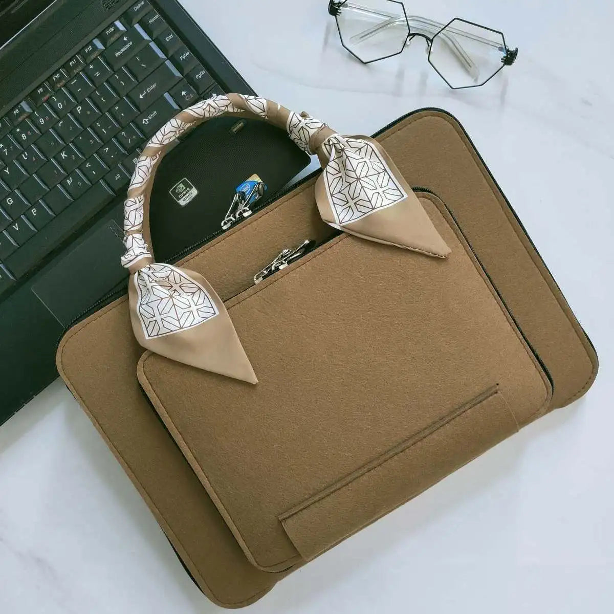 Wool Felt Laptop Bag 13 14 15 15.6 Inch Sleeve Case Women Briefcase with Silk Scarf for Macbook Microsoft Lenovo DELL HP ASUS