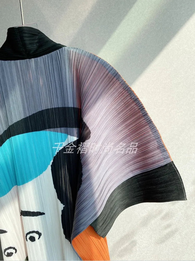 Women Printed Trench Miyake Pleated Fashion Printed Loose Plus Size Japan Style Belt Female Long Coats Tide