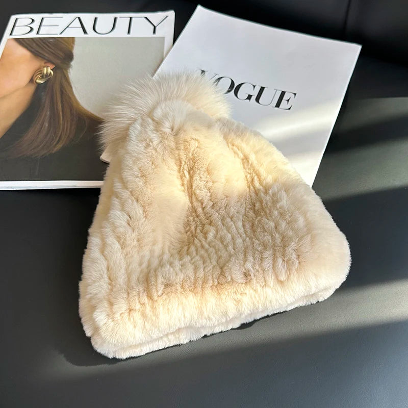 Real Rex Rabbit Fur Hat For Women Winter Thickened Fur Hat Warm Ear Protection Hat Hand Knitted Fur Hat Outdoor Natural Fur Hats