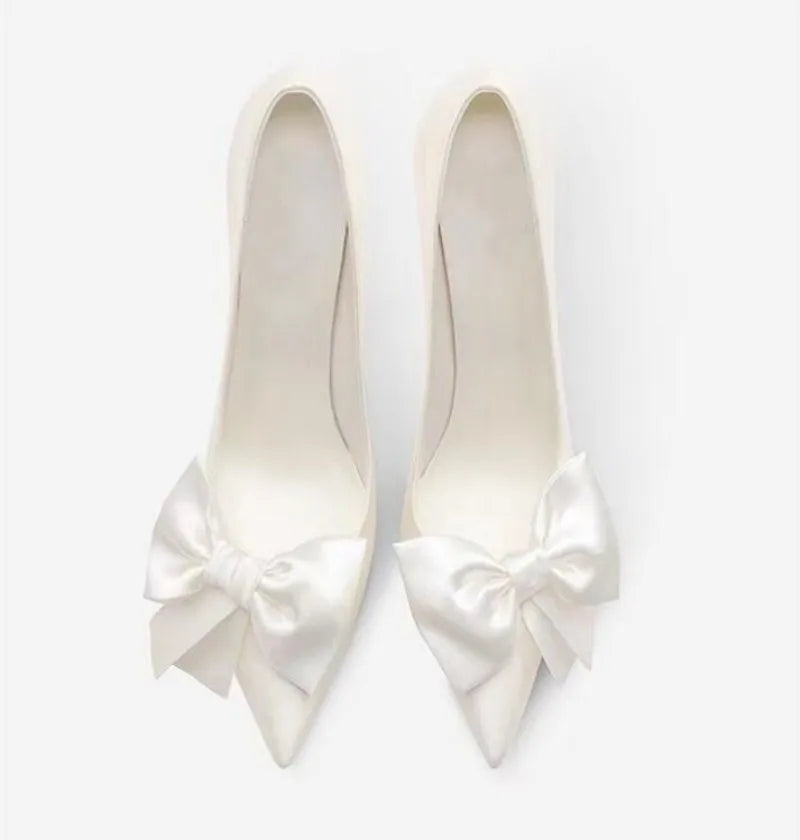 Fashion White Satin Bow Heels Women Pumps Shoes 2023Butterfly High Heels Pumps Elegant Heeled Wedding Shoes