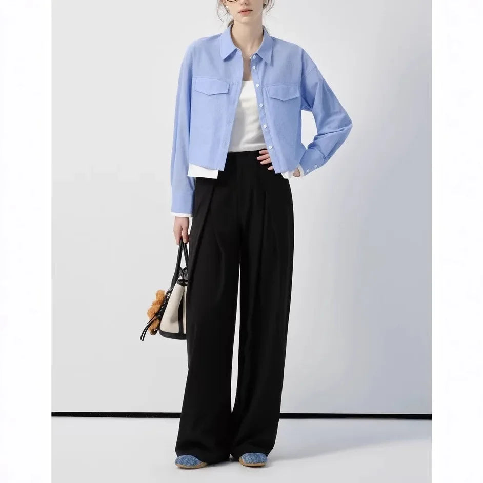 Blue Long Sleeve Women's Shirt Short Style College Style Fake Two-Piece Spring Autumn New Arrival Polo Collar Button up Top