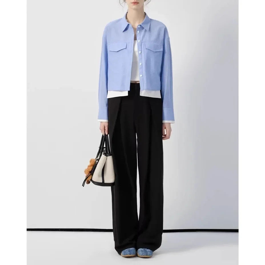 Blue Long Sleeve Women's Shirt Short Style College Style Fake Two-Piece Spring Autumn New Arrival Polo Collar Button up Top