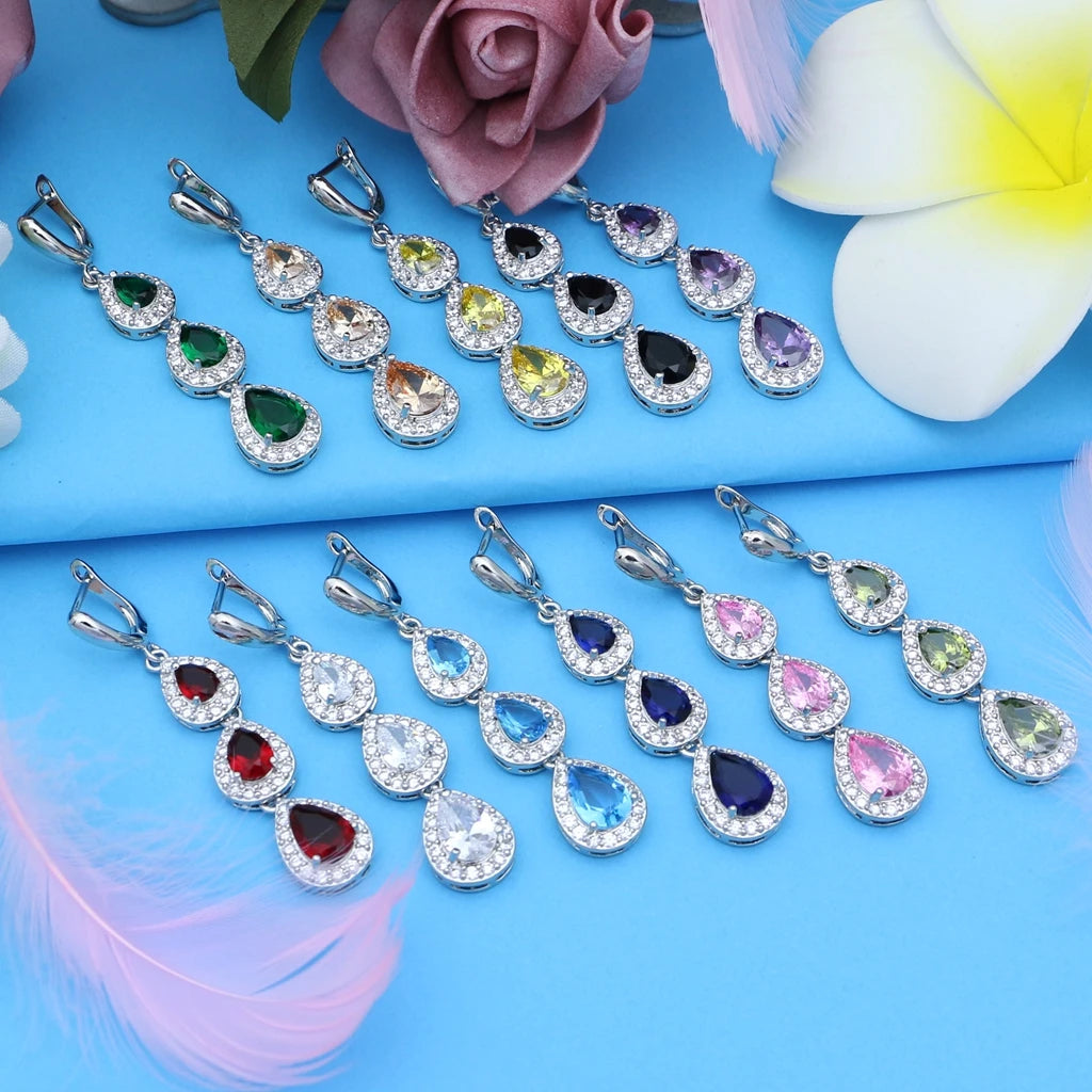 Wedding Bride Silver 925 Jewelry Sets Women White Topaz Long Earrings Bracelet Necklace Rings Luxury Fashion Set Dropshipping