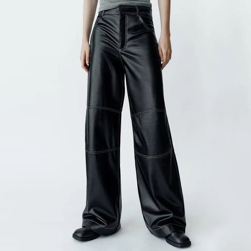 2023 Women's Autumn Black Faux Leather Wide Leg Fleece Pants Vintage Winter High Waist Office Lady PU Female Trousers Mujer