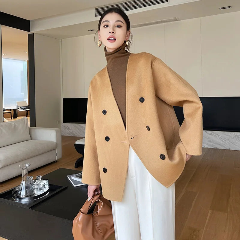 100% women's wool coat, double-sided, warm, high-end, loose, Korean style, short, 2024 autumn and winter new coat
