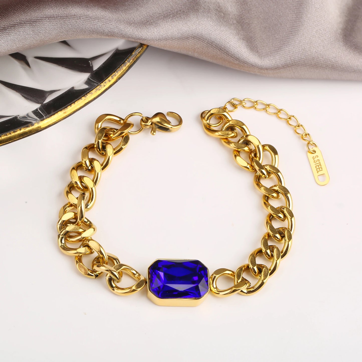 Personalized Rectangle Colorful Crystal Six-Sided Polished Cuban Chain Necklace Bracelet Set For Woman Stainless Steel Jewelry